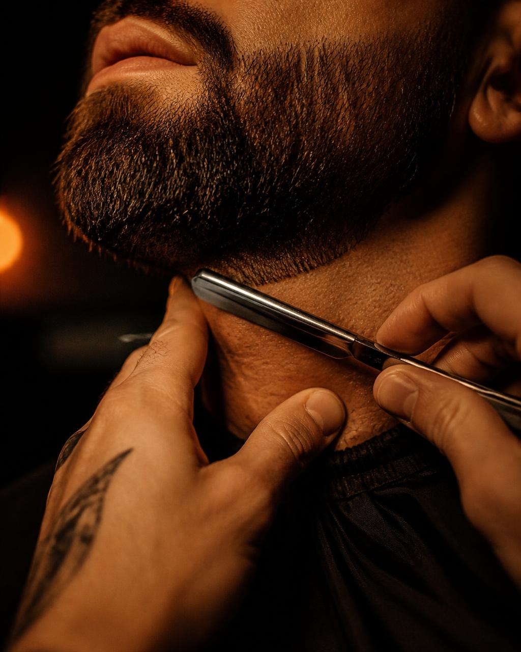 Straight razor shaping a dark beard along the jawline in warm orange light