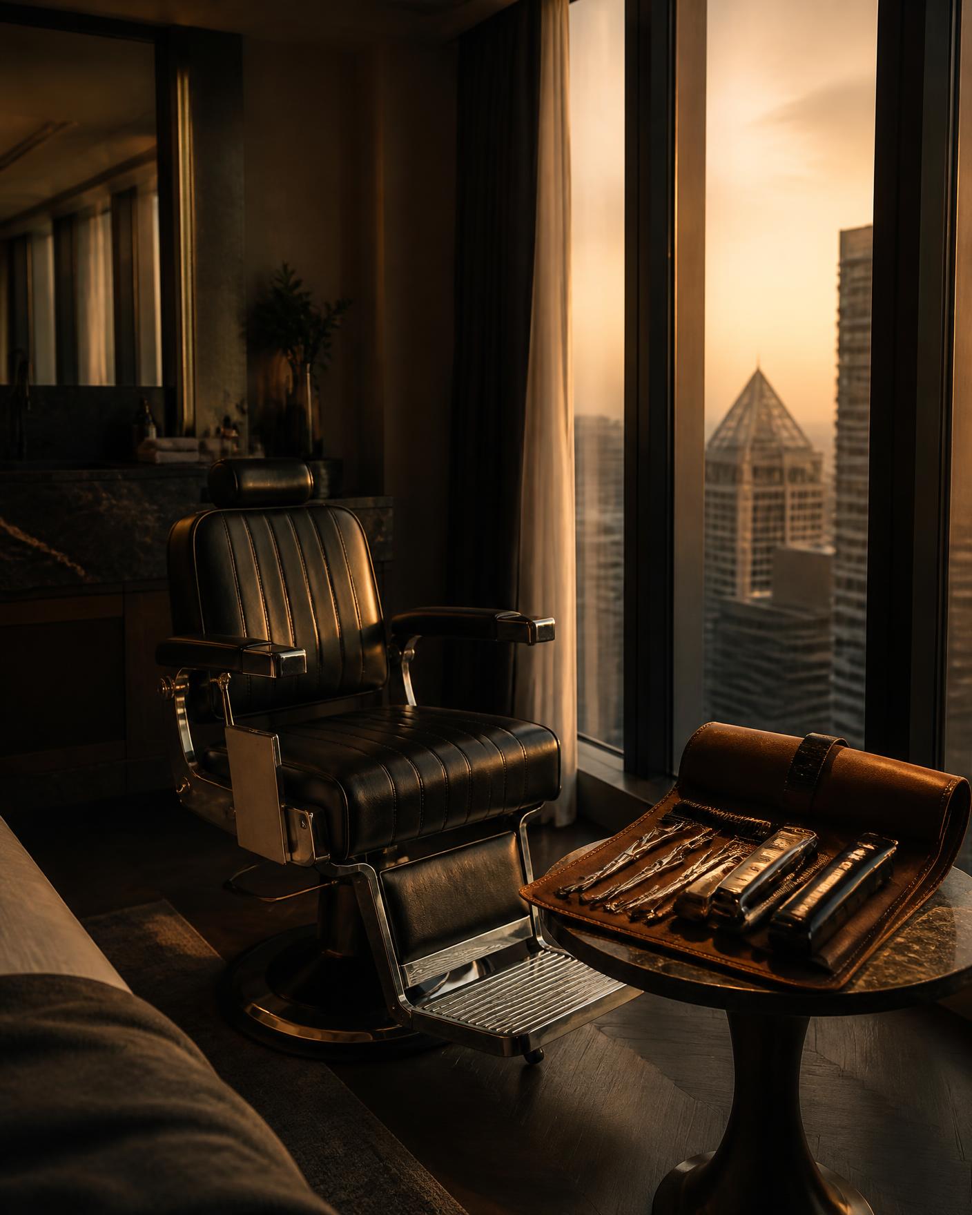 A private hotel suite set for a barber appointment