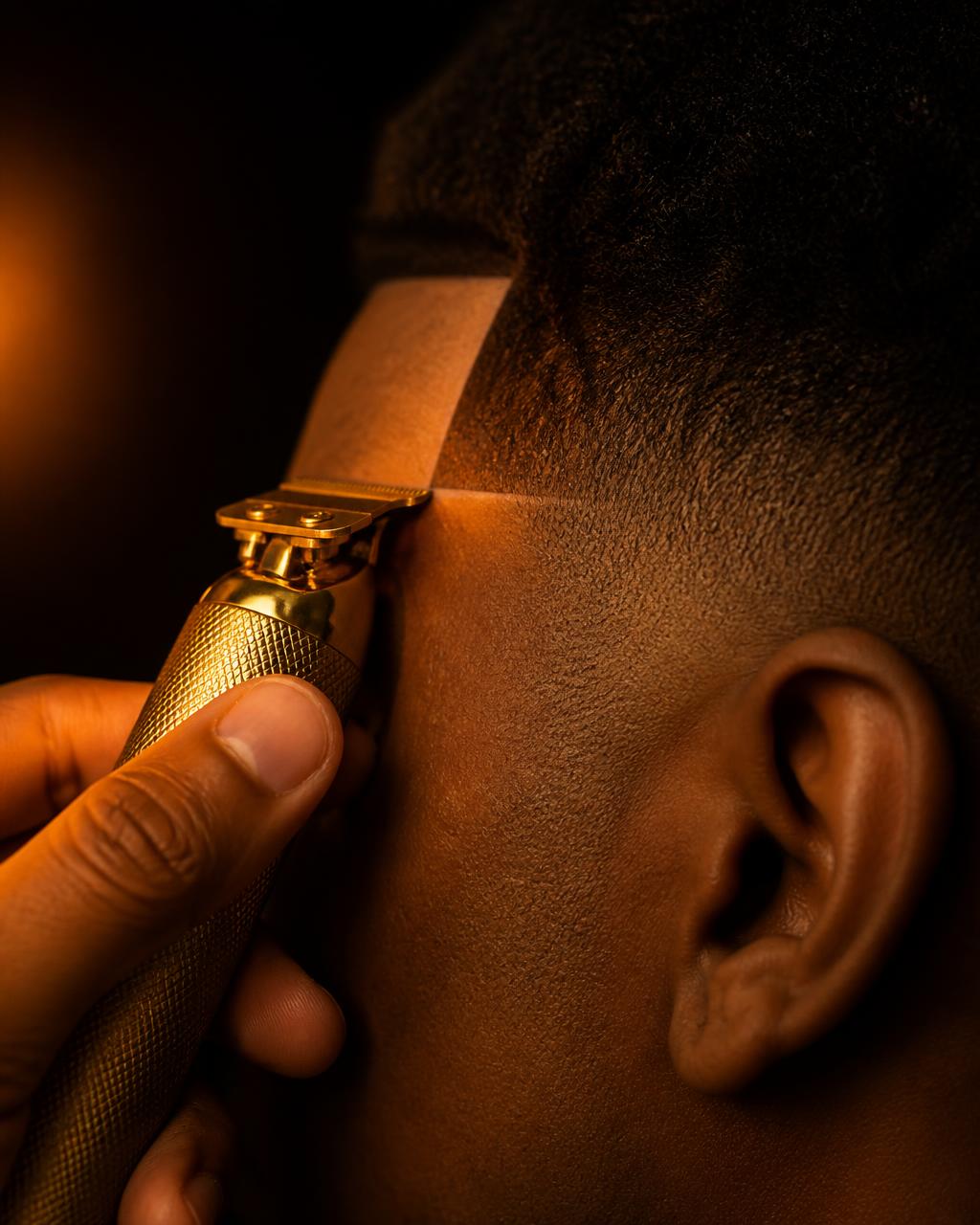 Gold T-blade trimmer lining a crisp hairline at the temple